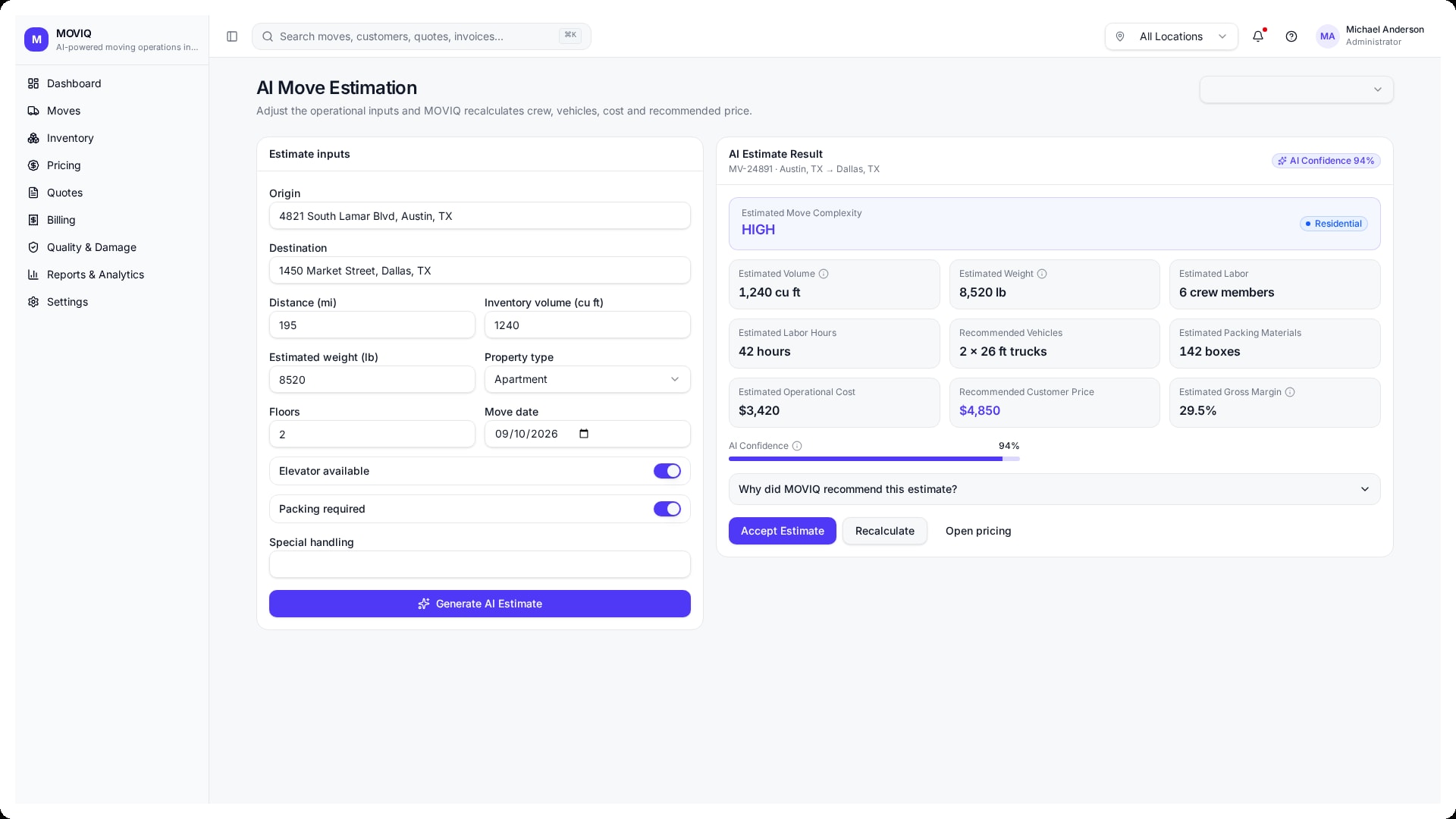 Moving business automation estimation