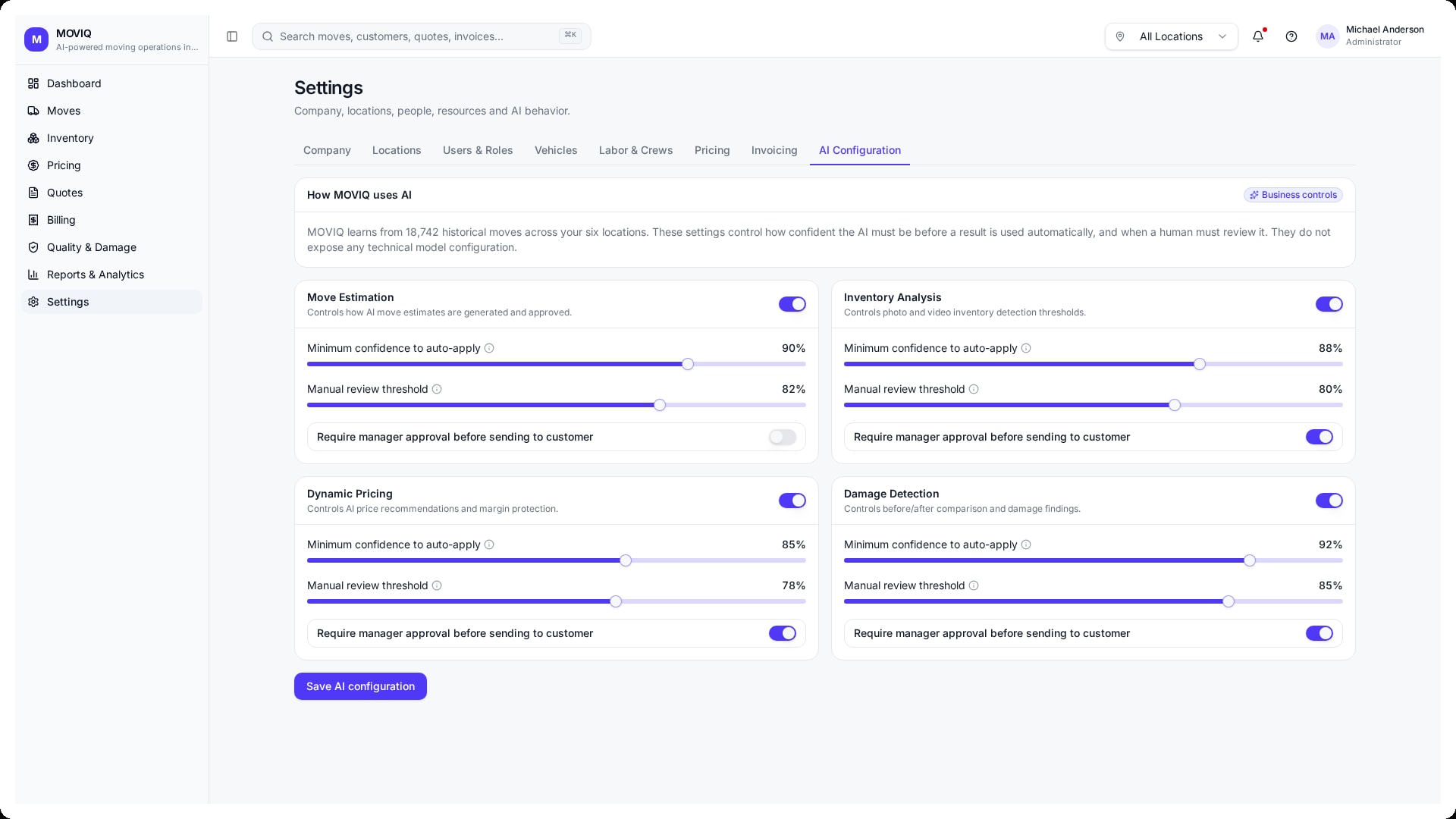 Moving business automation settings