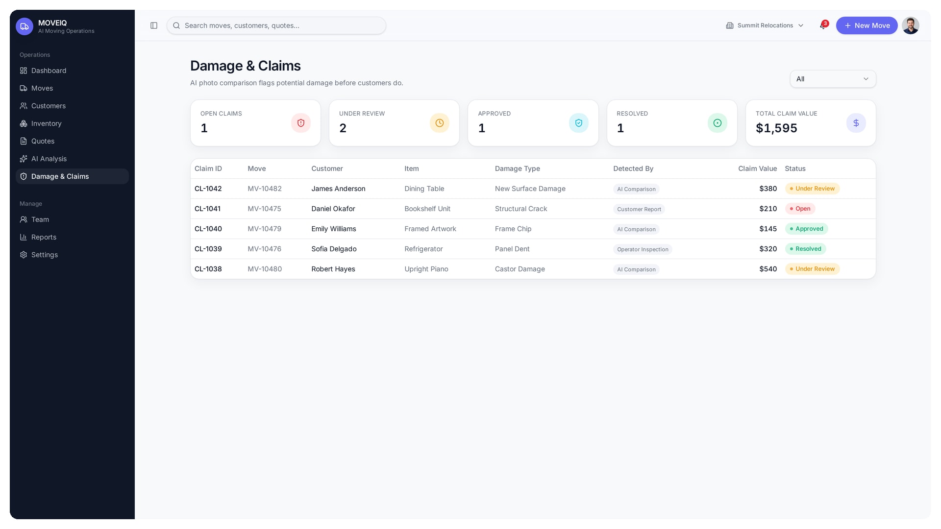 Pre move inspections software damage and claims