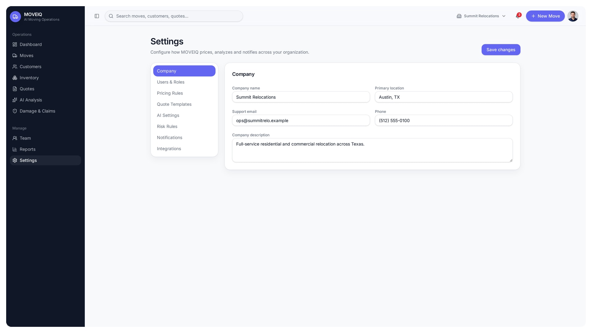 Pre move inspections software settings
