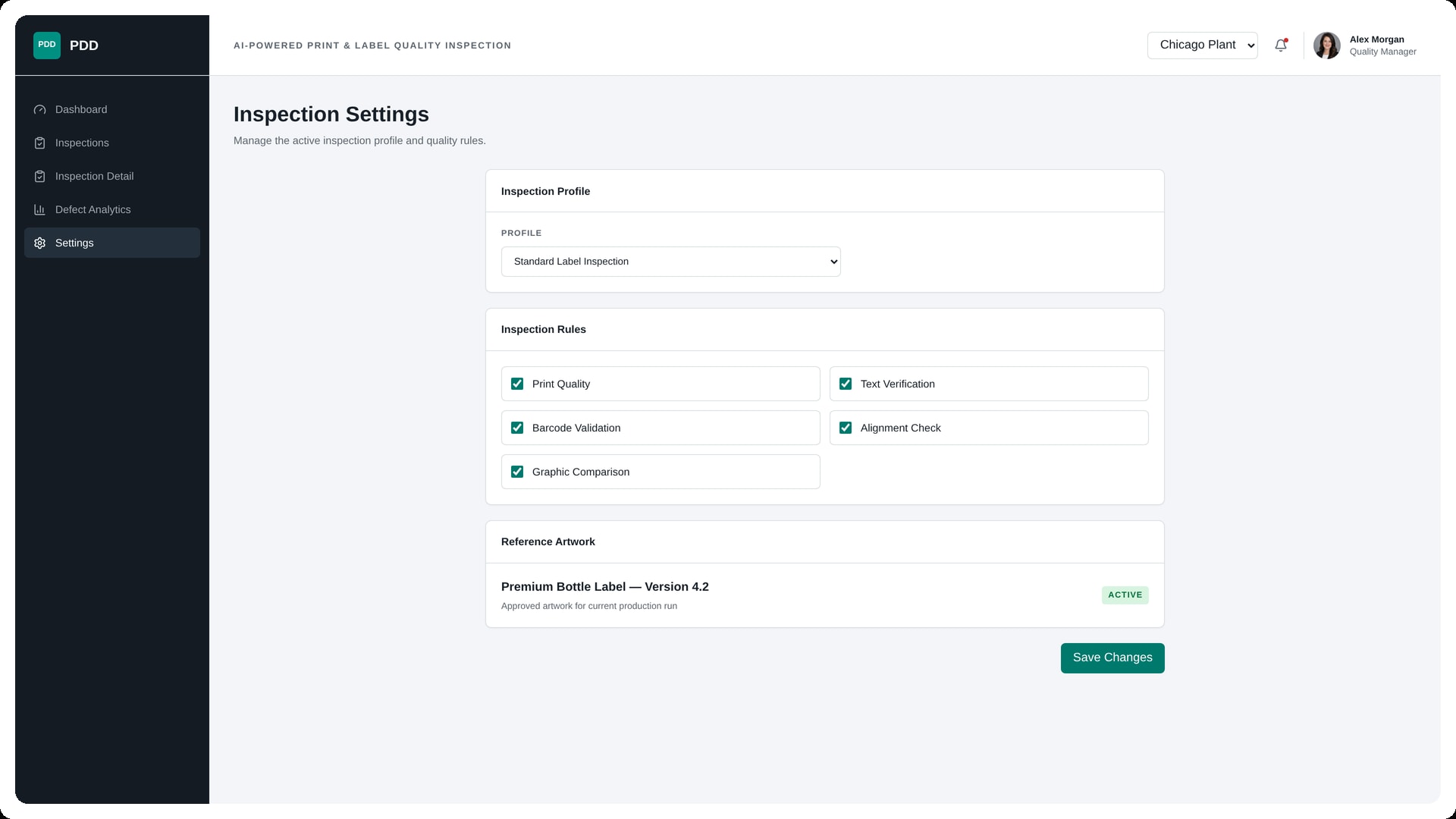 Print label defect detection AI software settings